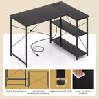 Bureau d'ordinateur en forme de L avec prises de courant, étagère réglable, cadre en métal robuste Marron/Blanc/Noir