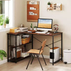 Bureau d'ordinateur en forme de L avec prises de courant, étagère réglable, cadre en métal robuste Marron/Blanc/Noir