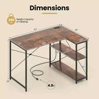 Bureau d'ordinateur en forme de L avec prises de courant, étagère réglable, cadre en métal robuste Marron/Blanc/Noir