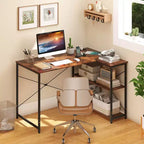 Bureau d'ordinateur en forme de L avec prises de courant, étagère réglable, cadre en métal robuste Marron/Blanc/Noir