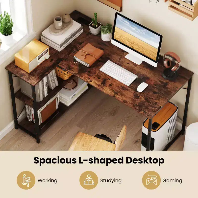 L-Shaped Computer Desk with Power Outlets Adjustable shelf Heavy-Duty Metal Frame Brown/White/Black