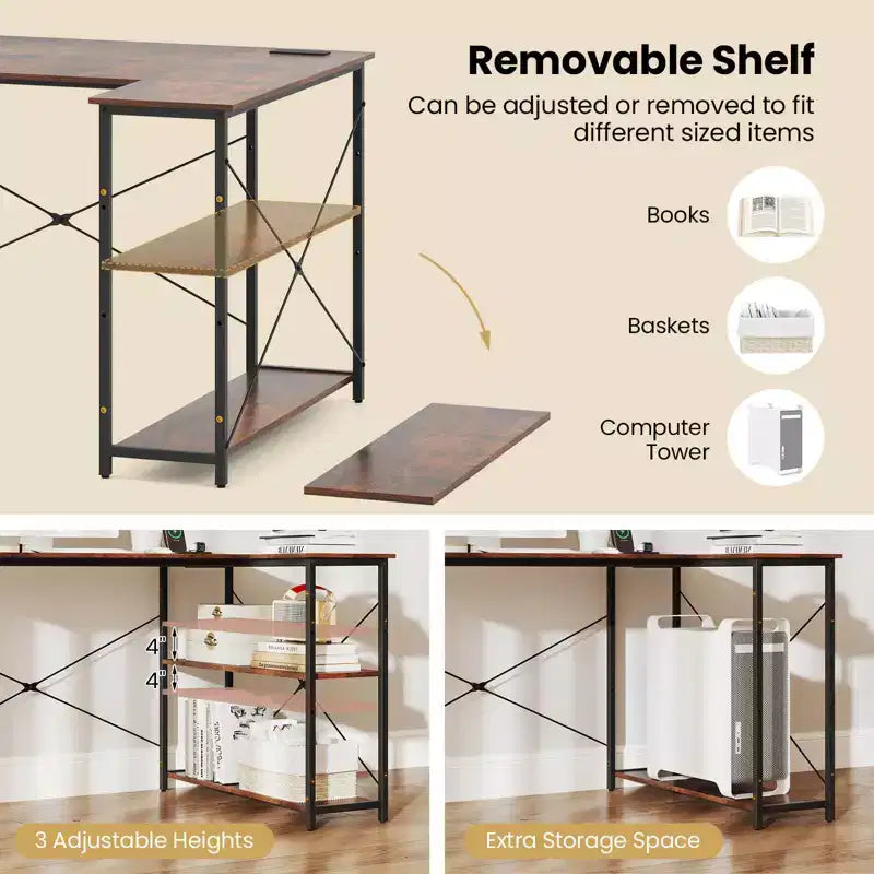 L-Shaped Computer Desk with Power Outlets Adjustable shelf Heavy-Duty Metal Frame Brown/White/Black