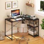 Bureau d'ordinateur en forme de L avec prises de courant, étagère réglable, cadre en métal robuste Marron/Blanc/Noir