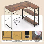 Bureau d'ordinateur en forme de L avec prises de courant, étagère réglable, cadre en métal robuste Marron/Blanc/Noir
