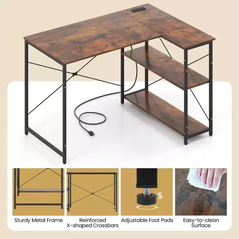 L-Shaped Computer Desk with Power Outlets Adjustable shelf Heavy-Duty Metal Frame Brown/White/Black