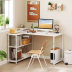 Bureau d'ordinateur en forme de L avec prises de courant, étagère réglable, cadre en métal robuste Marron/Blanc/Noir