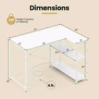 Bureau d'ordinateur en forme de L avec prises de courant, étagère réglable, cadre en métal robuste Marron/Blanc/Noir