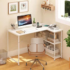 Bureau d'ordinateur en forme de L avec prises de courant, étagère réglable, cadre en métal robuste Marron/Blanc/Noir