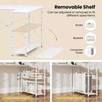 Bureau d'ordinateur en forme de L avec prises de courant, étagère réglable, cadre en métal robuste Marron/Blanc/Noir
