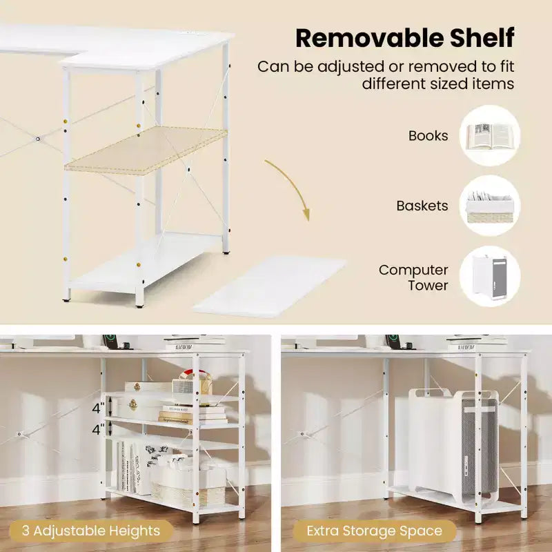 L-Shaped Computer Desk with Power Outlets Adjustable shelf Heavy-Duty Metal Frame Brown/White/Black