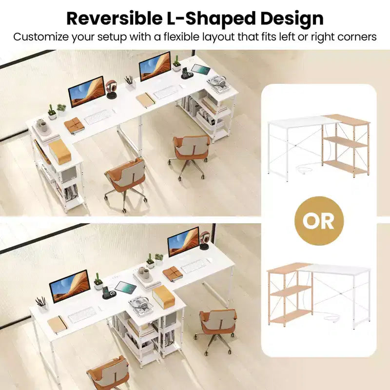 L-Shaped Computer Desk with Power Outlets Adjustable shelf Heavy-Duty Metal Frame Brown/White/Black