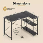 Bureau d'ordinateur en forme de L avec prises de courant, étagère réglable, cadre en métal robuste Marron/Blanc/Noir