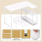 Bureau d'ordinateur en forme de L avec prises de courant, étagère réglable, cadre en métal robuste Marron/Blanc/Noir