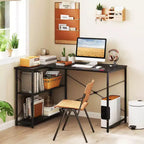 Bureau d'ordinateur en forme de L avec prises de courant, étagère réglable, cadre en métal robuste Marron/Blanc/Noir