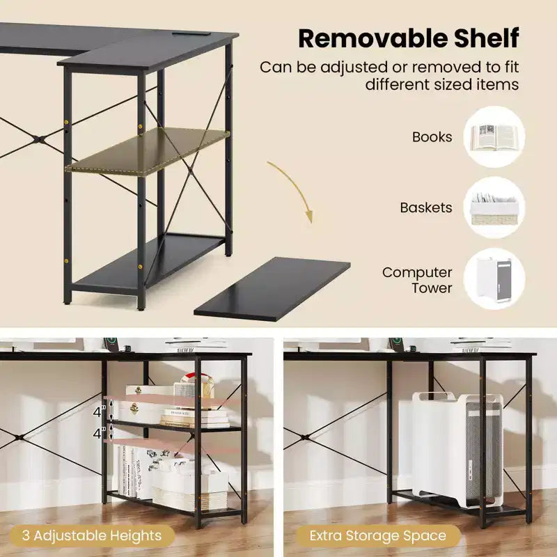 L-Shaped Computer Desk with Power Outlets Adjustable shelf Heavy-Duty Metal Frame Brown/White/Black