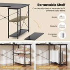 Bureau d'ordinateur en forme de L avec prises de courant, étagère réglable, cadre en métal robuste Marron/Blanc/Noir