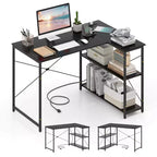 Costway L-Shaped Computer Desk with Power Outlets Adjustable shelf Heavy-Duty Metal Frame Brown/White/Black