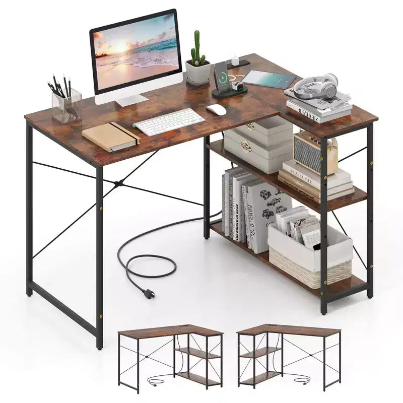 L-Shaped Computer Desk with Power Outlets Adjustable shelf Heavy-Duty Metal Frame Brown/White/Black