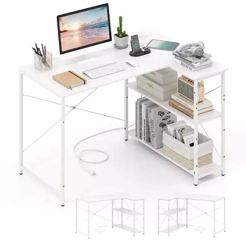 L-Shaped Computer Desk with Power Outlets Adjustable shelf Heavy-Duty Metal Frame Brown/White/Black