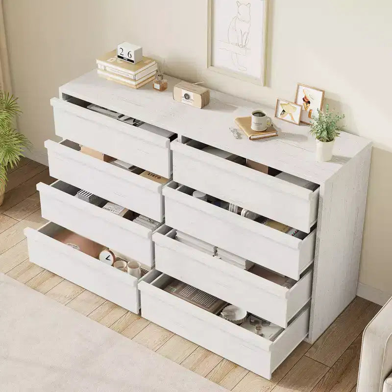 8 Drawer Dresser for Bedroom, 54 White Double Dresser Organizer with Concave Handle, Modern Chest of Drawer for Bedroom Living Room Nursery
