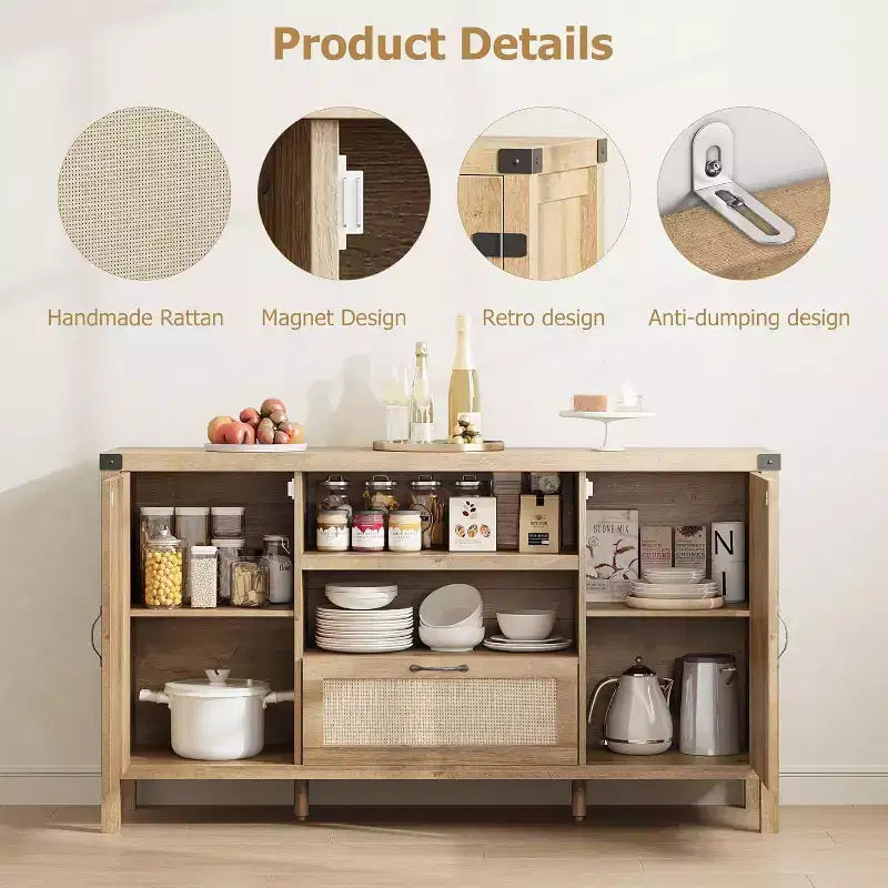 47.2'' Rattan Buffet Cabinet, Sideboard with Doors, Drawer & Adjustable Shelf, Boho Coffee Bar Storage for Kitchen Living Room, Wood Color