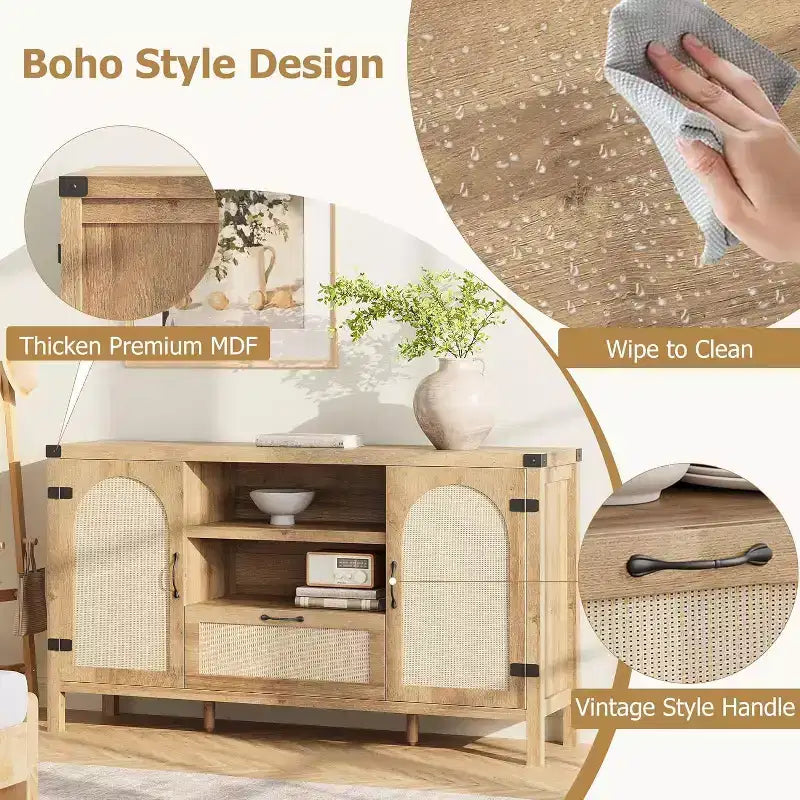 47.2'' Rattan Buffet Cabinet, Sideboard with Doors, Drawer & Adjustable Shelf, Boho Coffee Bar Storage for Kitchen Living Room, Wood Color