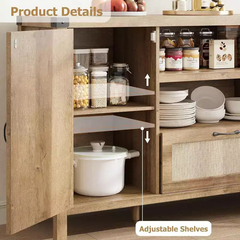 47.2'' Rattan Buffet Cabinet, Sideboard with Doors, Drawer & Adjustable Shelf, Boho Coffee Bar Storage for Kitchen Living Room, Wood Color