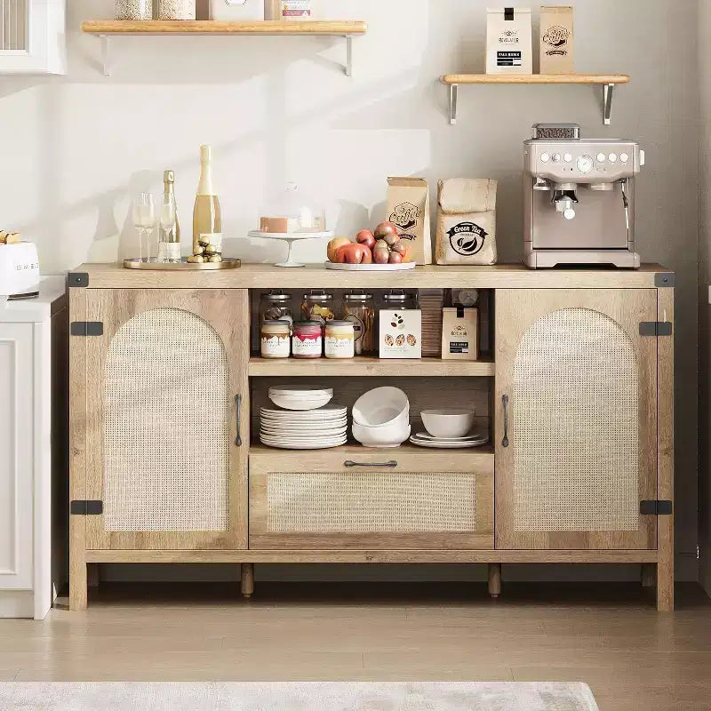 47.2'' Rattan Buffet Cabinet, Sideboard with Doors, Drawer & Adjustable Shelf, Boho Coffee Bar Storage for Kitchen Living Room, Wood Color