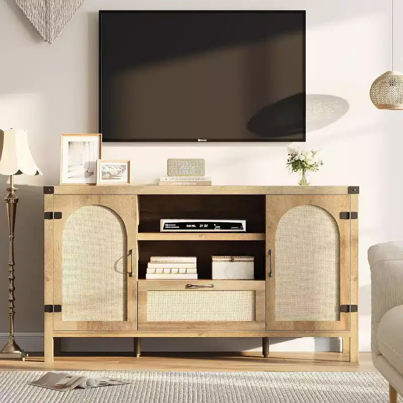 47.2'' Rattan Buffet Cabinet, Sideboard with Doors, Drawer & Adjustable Shelf, Boho Coffee Bar Storage for Kitchen Living Room, Wood Color