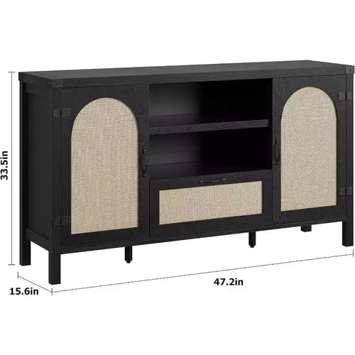 47.2'' Rattan Buffet Cabinet, Sideboard with Doors, Drawer & Adjustable Shelf, Boho Coffee Bar Storage for Kitchen Living Room, Wood Color