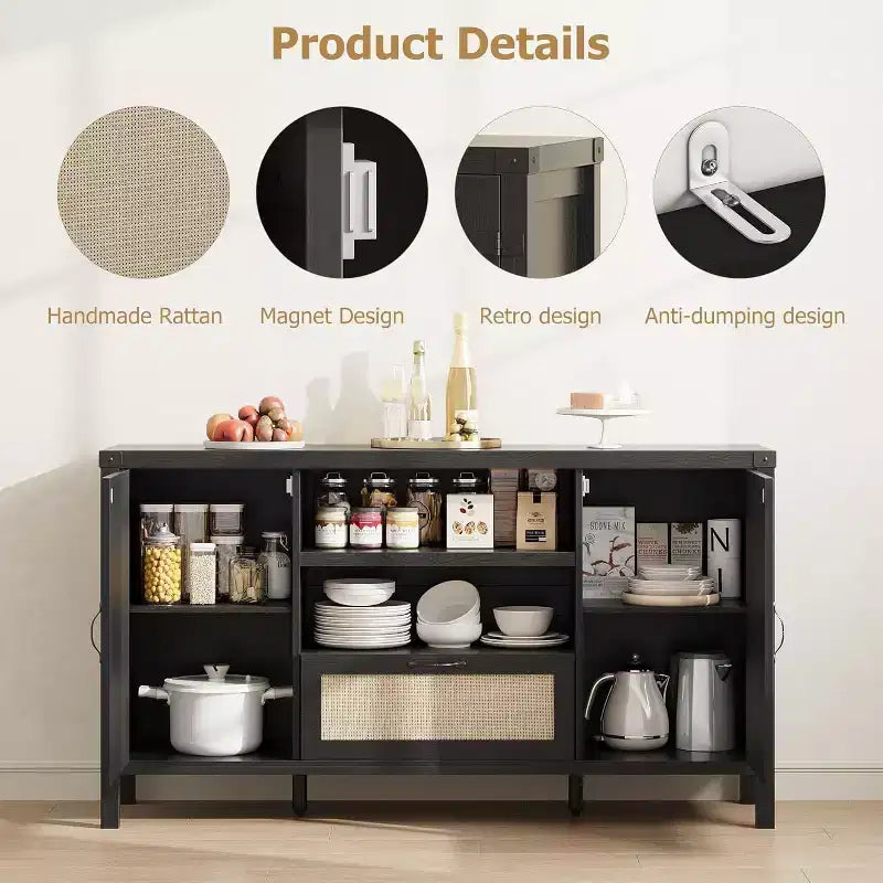 47.2'' Rattan Buffet Cabinet, Sideboard with Doors, Drawer & Adjustable Shelf, Boho Coffee Bar Storage for Kitchen Living Room, Wood Color