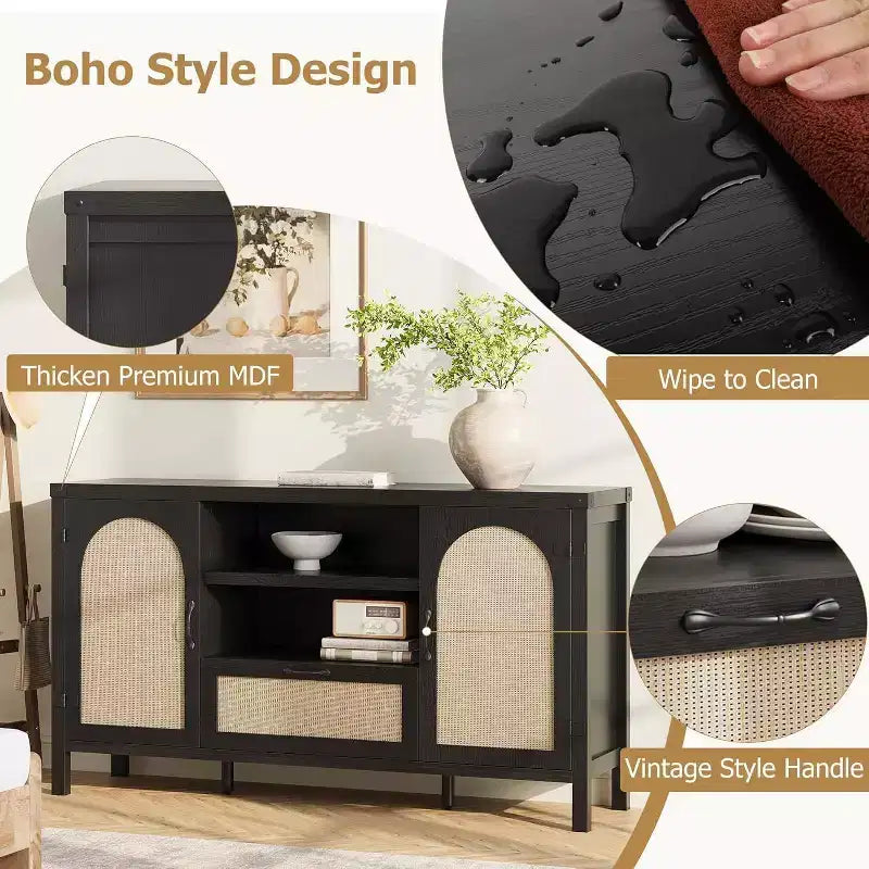 47.2'' Rattan Buffet Cabinet, Sideboard with Doors, Drawer & Adjustable Shelf, Boho Coffee Bar Storage for Kitchen Living Room, Wood Color