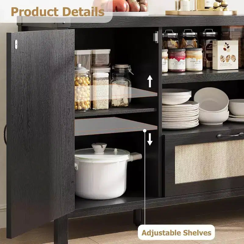 47.2'' Rattan Buffet Cabinet, Sideboard with Doors, Drawer & Adjustable Shelf, Boho Coffee Bar Storage for Kitchen Living Room, Wood Color