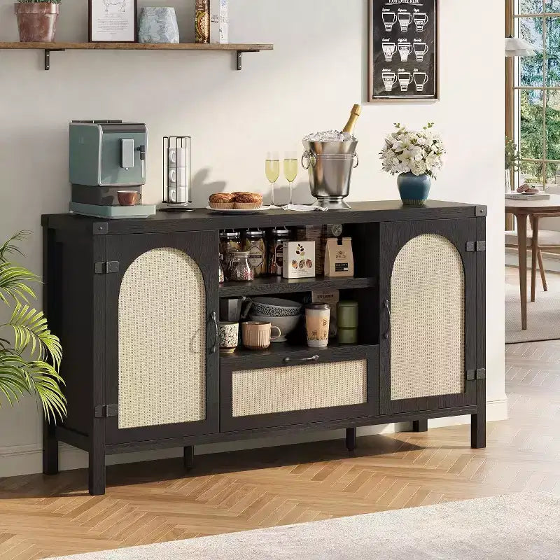 47.2'' Rattan Buffet Cabinet, Sideboard with Doors, Drawer & Adjustable Shelf, Boho Coffee Bar Storage for Kitchen Living Room, Wood Color
