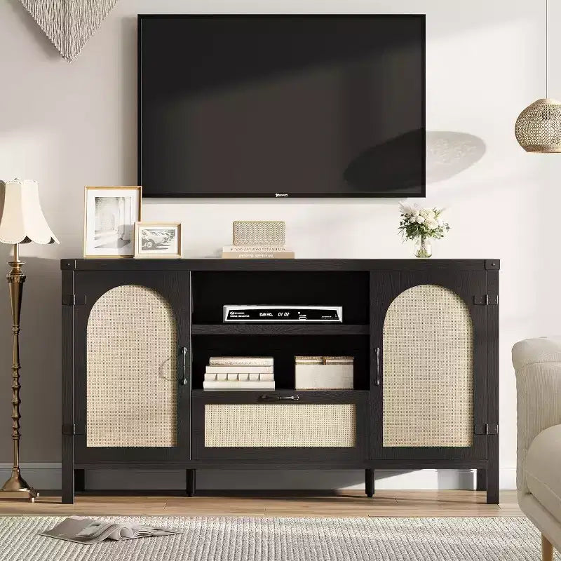 47.2'' Rattan Buffet Cabinet, Sideboard with Doors, Drawer & Adjustable Shelf, Boho Coffee Bar Storage for Kitchen Living Room, Wood Color