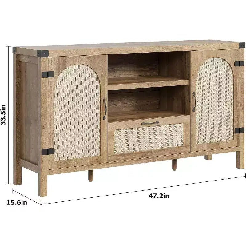 47.2'' Rattan Buffet Cabinet, Sideboard with Doors, Drawer & Adjustable Shelf, Boho Coffee Bar Storage for Kitchen Living Room, Wood Color