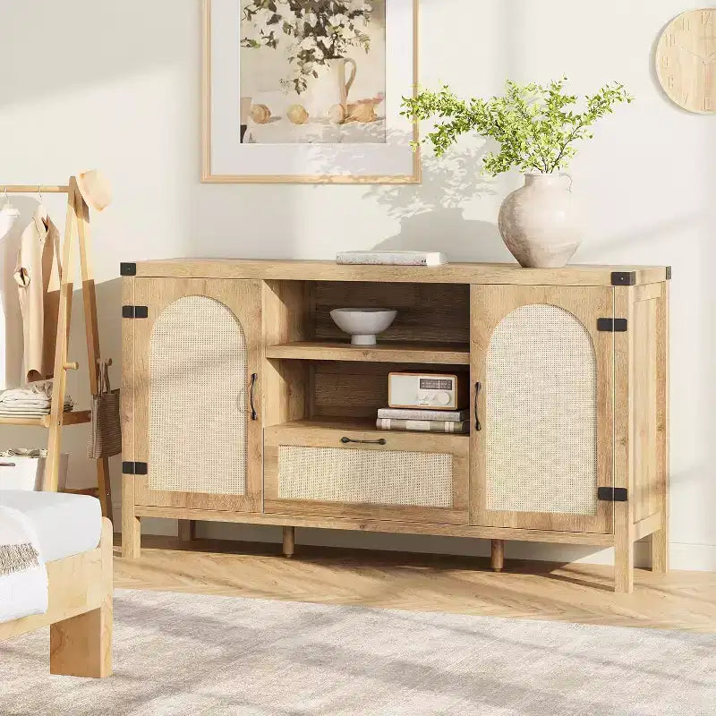 47.2'' Rattan Buffet Cabinet, Sideboard with Doors, Drawer & Adjustable Shelf, Boho Coffee Bar Storage for Kitchen Living Room, Wood Color