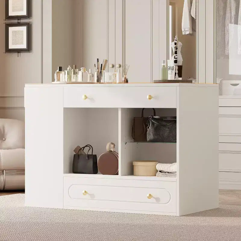Closet Island with 6 Drawers, Dresser with Glass Display Top & Open Shelves, Jewelry Storage Vanity Island Display Cabinet