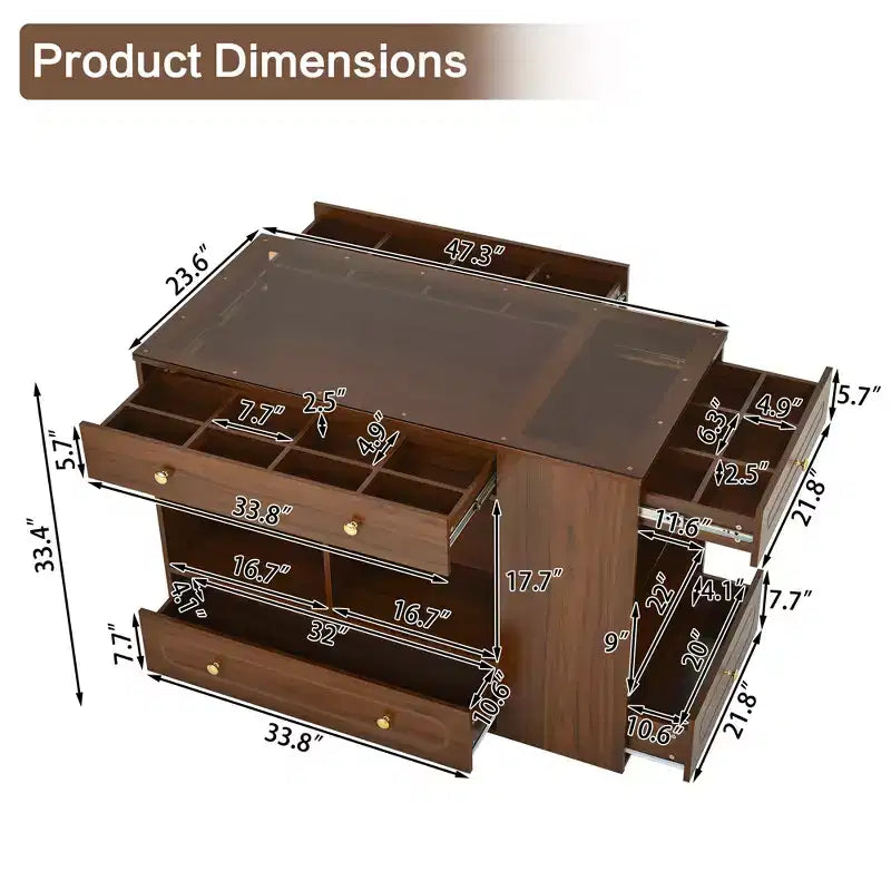 Closet Island with 6 Drawers, Dresser with Glass Display Top & Open Shelves, Jewelry Storage Vanity Island Display Cabinet