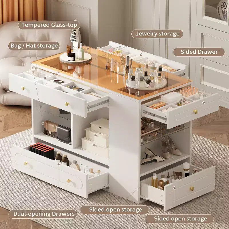 Closet Island with 6 Drawers, Dresser with Glass Display Top & Open Shelves, Jewelry Storage Vanity Island Display Cabinet