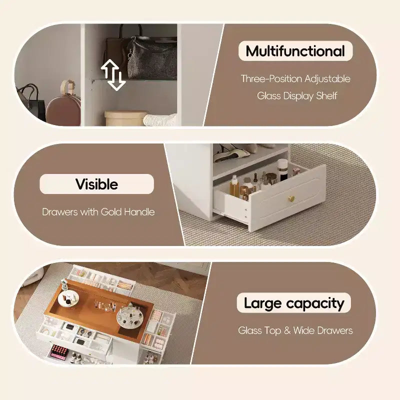 Closet Island with 6 Drawers, Dresser with Glass Display Top & Open Shelves, Jewelry Storage Vanity Island Display Cabinet