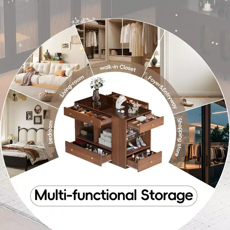 Closet Island with 6 Drawers, Dresser with Glass Display Top & Open Shelves, Jewelry Storage Vanity Island Display Cabinet