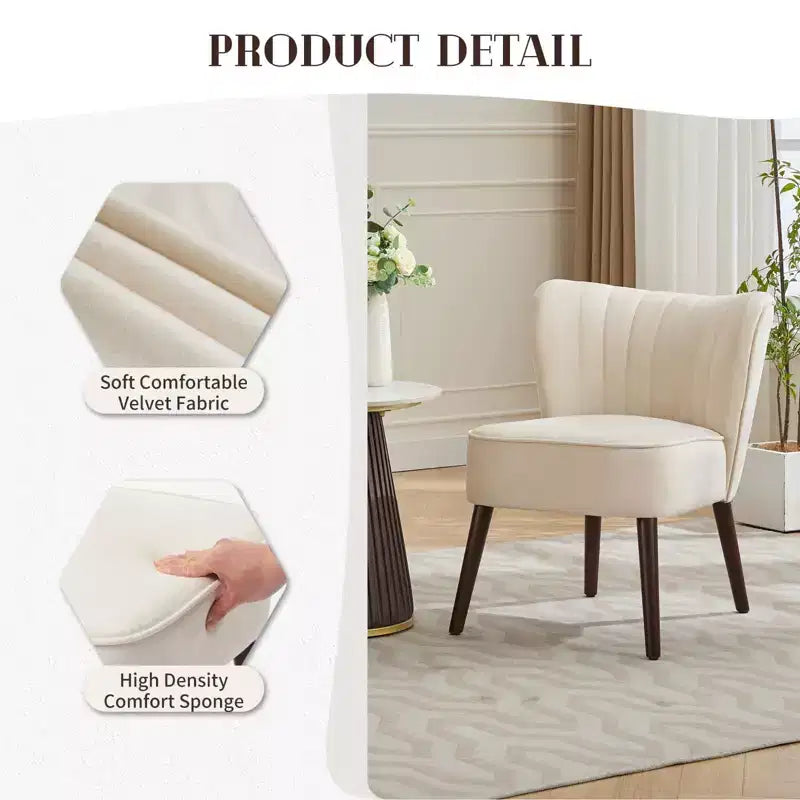 Modern Velvet Accent Chair with Wooden Legs, Armless Lounge Chair for Living Room, Bedroom Soft Upholstered Seat, Supports 300 lbs