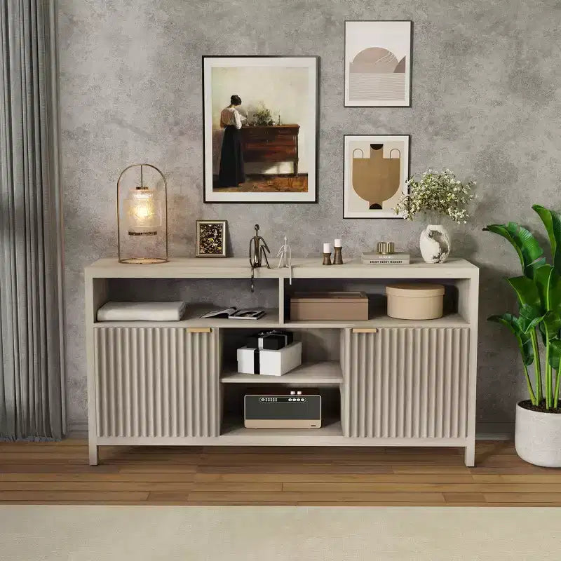 59 inch Textured Tall TV Cabinet for Living Room, Heavy Duty Entertainment Center with Storage, Mid-Century TV Cabinet for 50/55/60/65 Inch TVs