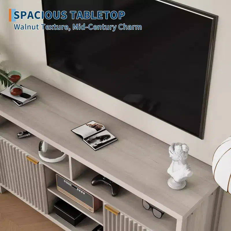 59 inch Textured Tall TV Cabinet for Living Room, Heavy Duty Entertainment Center with Storage, Mid-Century TV Cabinet for 50/55/60/65 Inch TVs