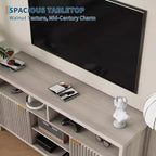 Meuble TV haut texturé de 150 cm pour salon, meuble TV robuste avec rangement, meuble TV de style mid-century pour téléviseurs de 50/55/60/65 pouces