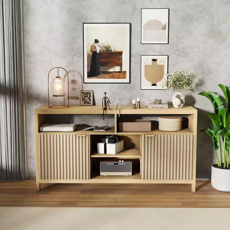59 inch Textured Tall TV Cabinet for Living Room, Heavy Duty Entertainment Center with Storage, Mid-Century TV Cabinet for 50/55/60/65 Inch TVs