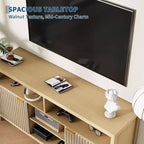 Meuble TV haut texturé de 150 cm pour salon, meuble TV robuste avec rangement, meuble TV de style mid-century pour téléviseurs de 50/55/60/65 pouces