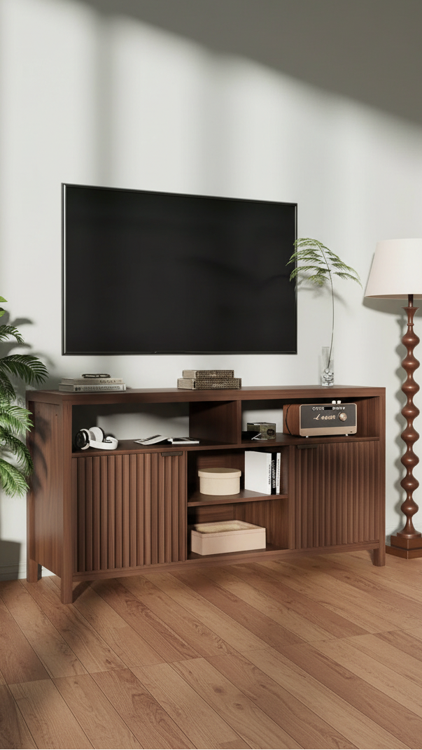 Meuble TV haut texturé de 150 cm pour salon, meuble TV robuste avec rangement, meuble TV de style mid-century pour téléviseurs de 50/55/60/65 pouces