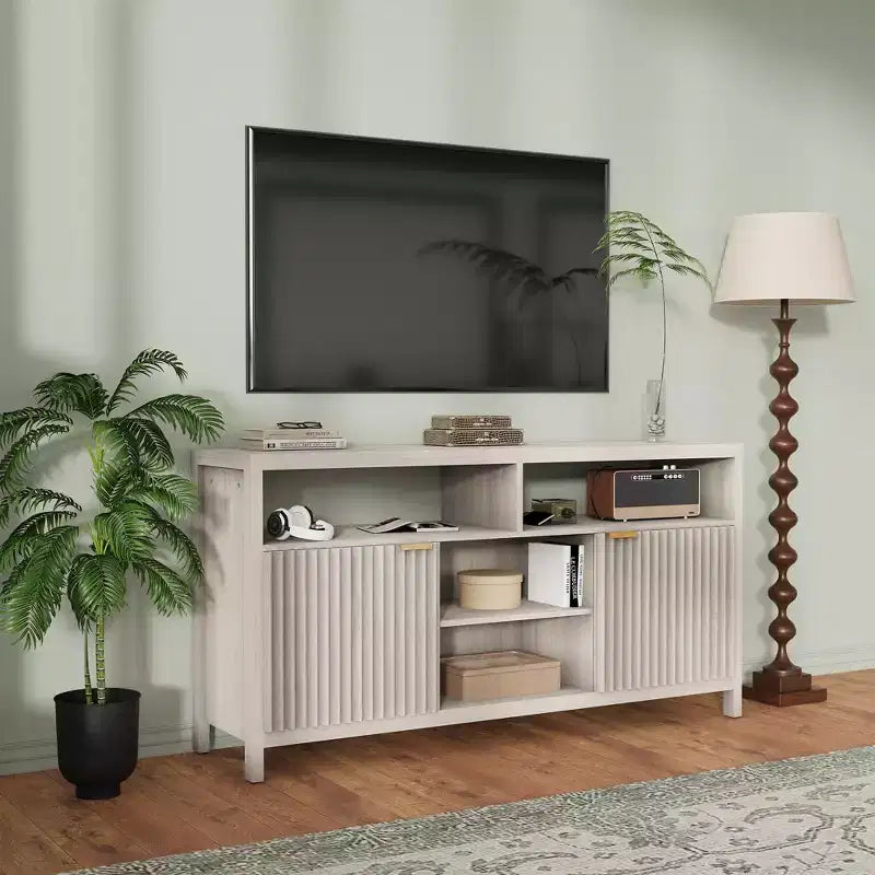 59 inch Textured Tall TV Cabinet for Living Room, Heavy Duty Entertainment Center with Storage, Mid-Century TV Cabinet for 50/55/60/65 Inch TVs